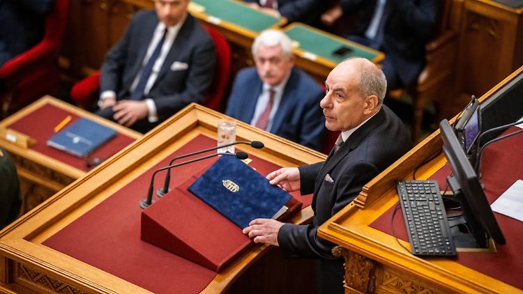 Tamás Sulyok spricht im Parlamentsgebäude nach seiner Vereidigung. Der ehemalige Verfassungsrichter mit Nähe zu Orbán war der einzige zur Wahl nominierte Kandidat. 