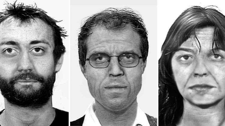 Handout des Bundeskriminalamtes mit Alterssimulationen von Burkhard Garweg, Ernst-Volker Wilhelm Staub und Daniela Klette (v.l.).