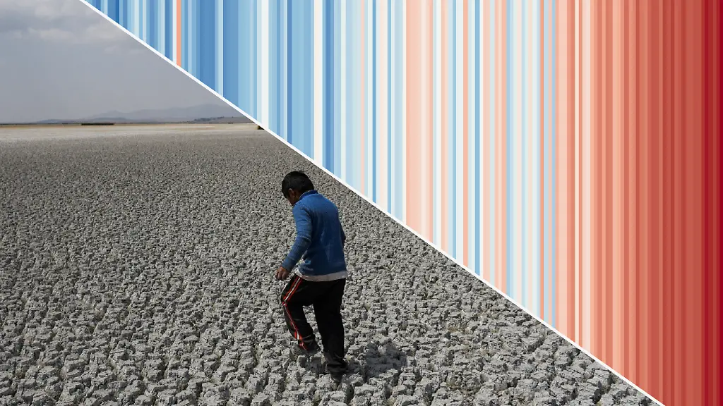 Bildkombination-Eine-Person-laeuft-durch-das-ausgetrocknete-Bett-des-Titicaca-Sees-Darueber-sind-die-sogenannten-Climate-Stripes-zu-sehen-die-die-globale-Erwaermung-visualisieren