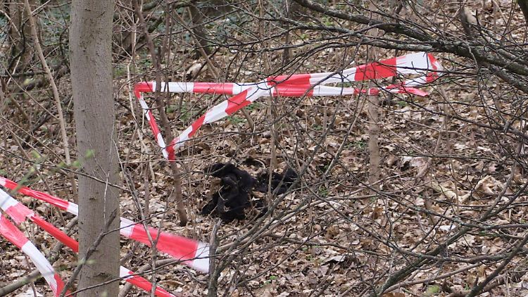Mit Flatterband sperrt die Berliner Polizei die Fundstelle im Gebüsch des Volksparks Prenzlauer Berg ab.
