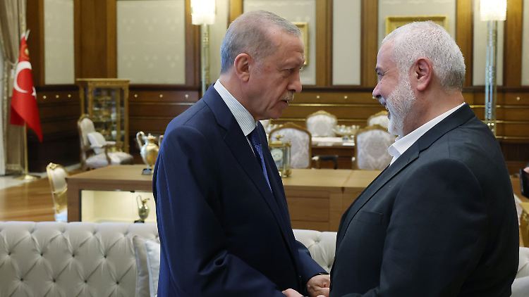 Recep Tayyip Erdogan im vergangenen Sommer mit Hamas-Chef Ismail Hanija.