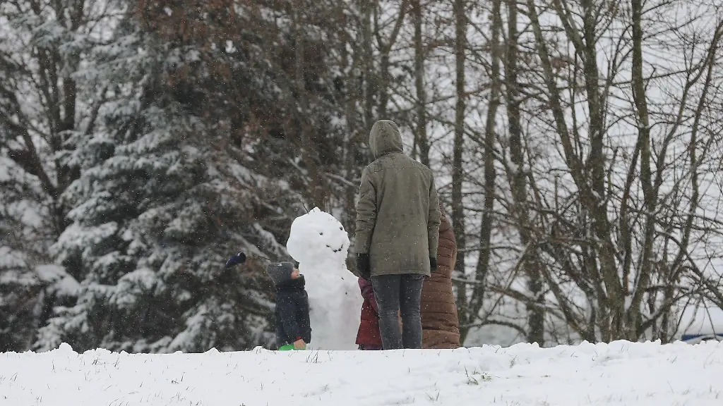 Eine-Familie-hat-in-der-verschneiten-Landschaft-einen-Schneemann-gebaut
