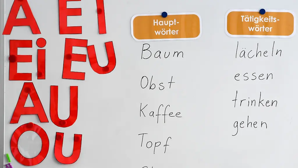 Blick-auf-Buchstaben-und-Woerter-an-einer-Tafel-bei-einem-Kurs-fuer-Menschen-mit-Lese-Schreib-Schwierigkeiten