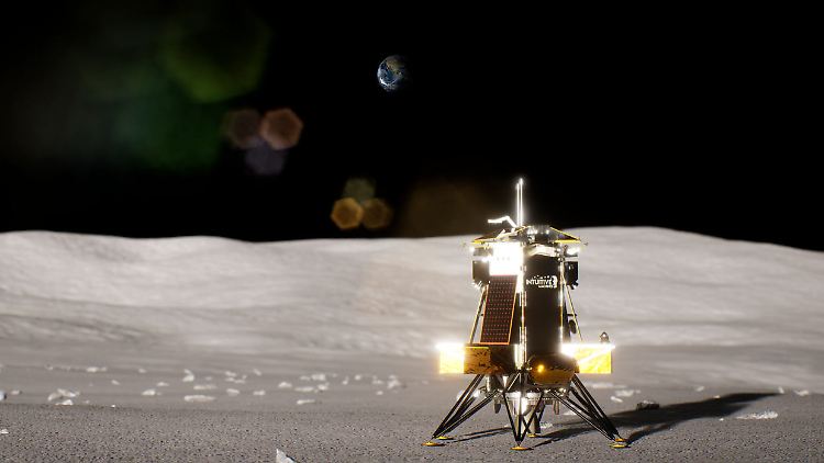 Ein Rendering zeigt "Odysseus" auf dem Mond, wie er zur Erde blickt. In der Realität kippte das Landegerät um. 