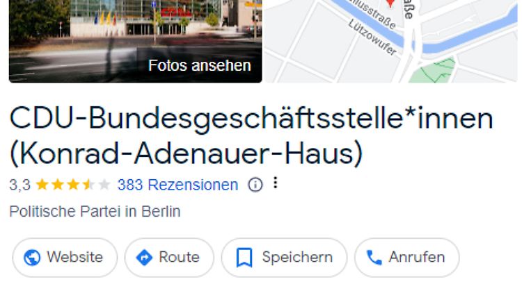 Wer bei Google nach dem Konrad-Adenauer-Haus gesucht hat, bekam zeitweise Ergebnis angezeigt.