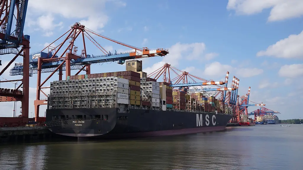 Das-Containerschiff-wird-Hamburger-Hafen-abgefertigt