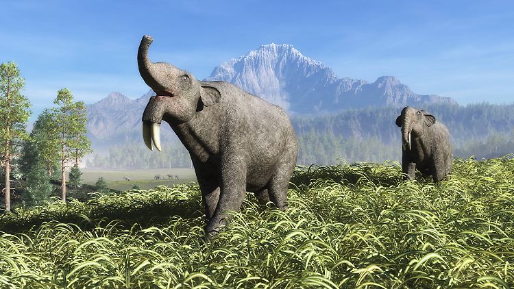 Künstlerische Darstellung von zwei Ur-Elefanten der Art Deinotherium giganteum.