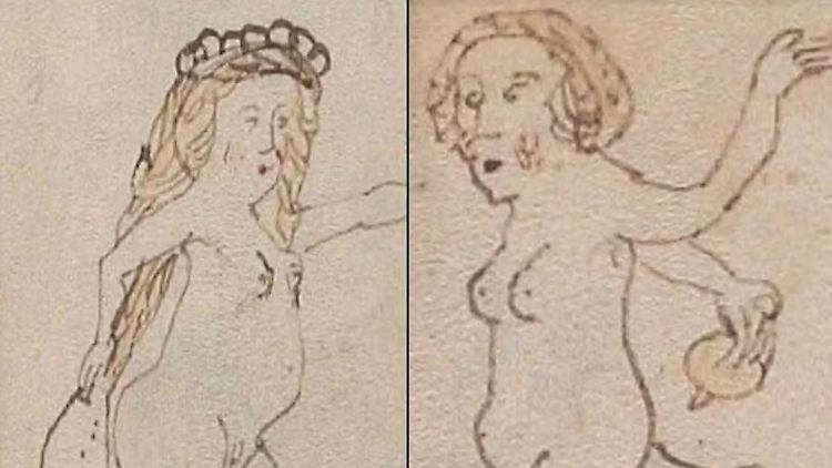 Auf den Abbildungen sind Frauen erkennbar, die Gegenstände in die Nähe ihrer Genitalien halten.