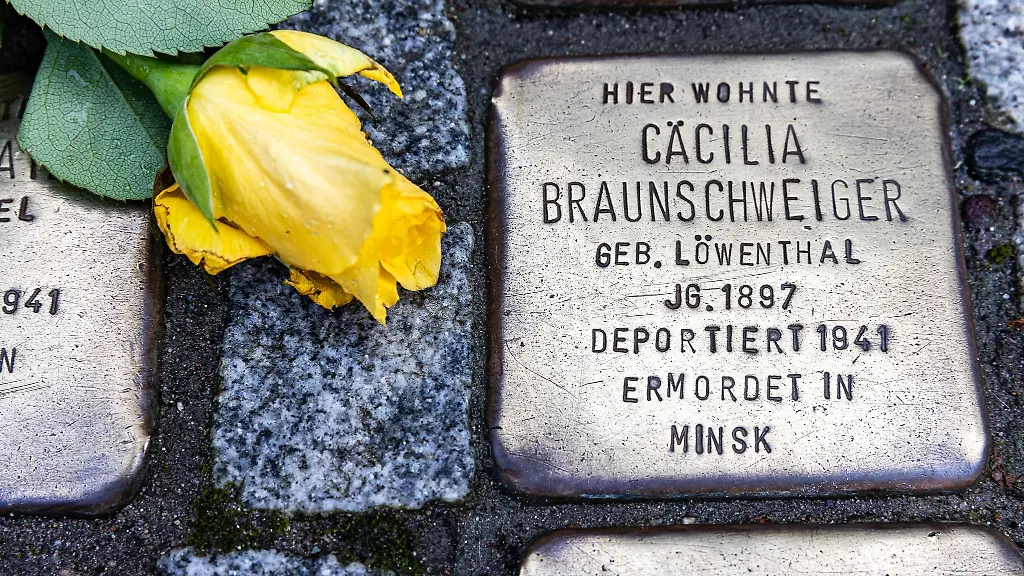 Blumen-liegen-auf-Stolpersteinen