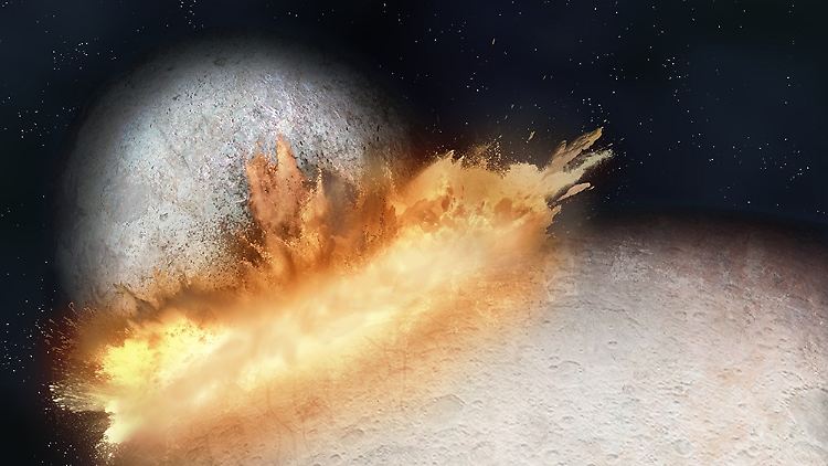 Grafische Darstellung des riesigen und langsamen Einschlags auf Pluto, der zur herzförmigen Struktur auf dessen Oberfläche führte.