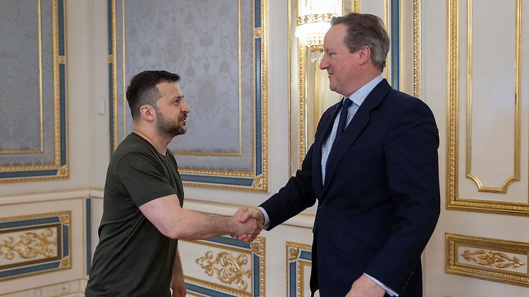 Cameron (r.) bei seinem Zusammentreffen mit Präsident Selenskyj in Kiew. 