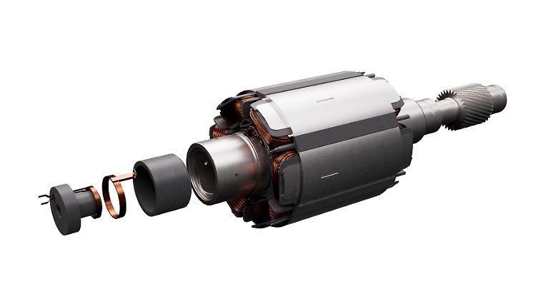 Der Elektromotor besteht aus weniger Komponenten als ein Verbrenner. Er ist grundsätzlich aufgebaut aus einem feststehenden, magnetischen Stator und einem sich bewegenden Rotor (oder "Läufer"). 