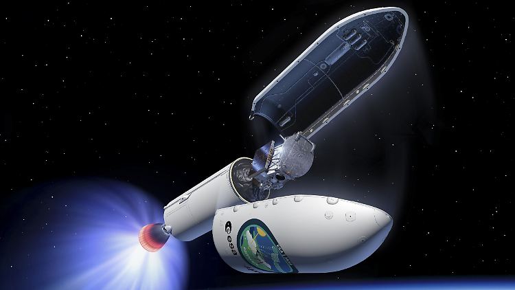 Künstlerische Darstellung des ESA-Klimasatelliten "Earthcare" an Bord einer Falcon 9-Rakete.