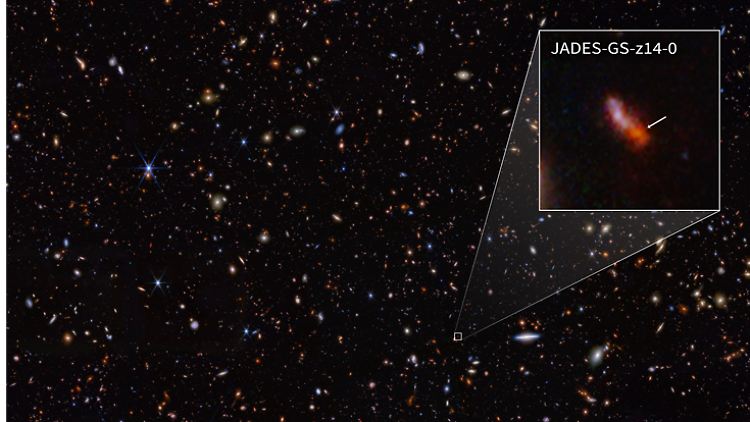 Schätzungen zufolge ist die Masse von JADES-GS-z14-0 mehrere hundert Millionen Mal so groß die der Sonne.