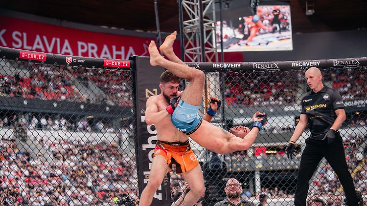 Berliner Attila Korkmaz wirft UFC-Veteran Amirkhani zu Boden.