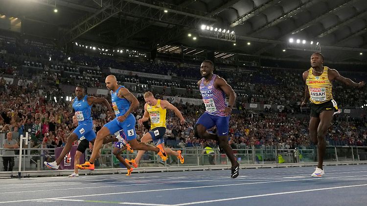 Marcell Jacobs setzte sich wie 2022 in München im 100-Meter-Finale durch.