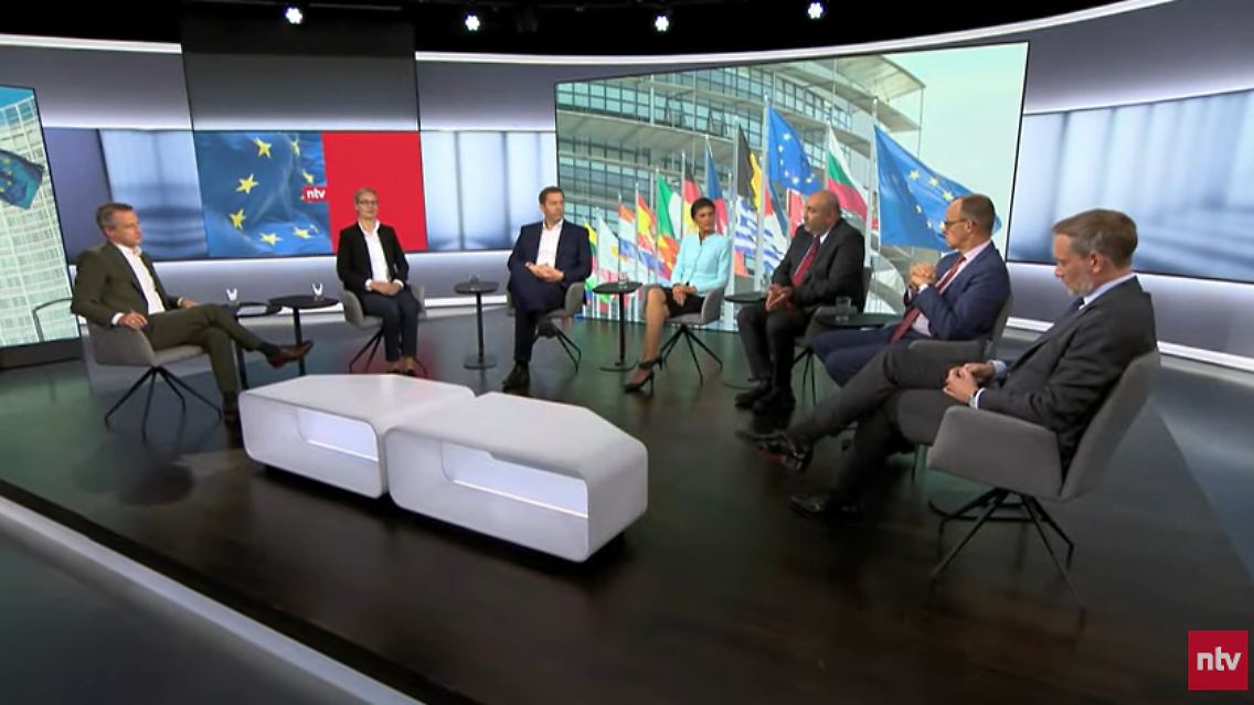 Gäste in der von Nikolaus Blome moderierten Runde: AfD-Chefin Weidel, SPD-Chef Klingbeil, BSW-Chefin Wagenknecht, Grünen-Chef Nouripour, CDU-Chef Merz, FDP-Chef Lindner.