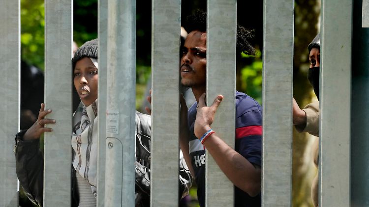 Migranten stehen hinter einer Metallbarriere, die Polen an der Grenze zu Belarus errichtet hat. 