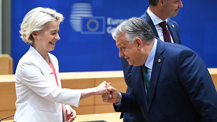 Handkuss von Ungarns Regierungschef Orban in Brüssel: Eine zweite Amtszeit für Ursula von der Leyen ist noch nicht beschlossene Sache.
