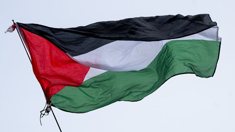 Die Flagge von Palästina wird im Februar bei einer pro-palästinensischen Kundgebung geschwenkt.
