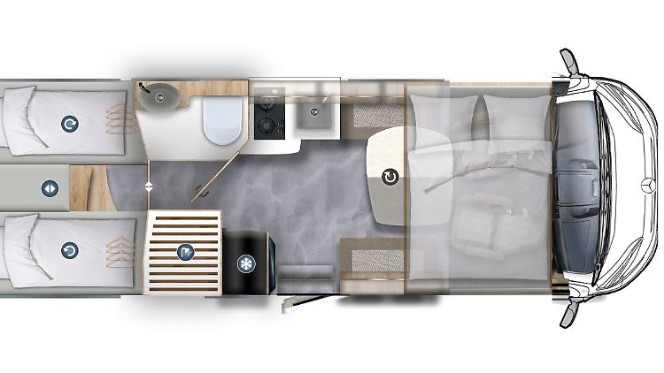 Bei den Varianten 726 EB (mit Einzelbetten) und 726 QB (mit Queensbett im Heck) ist vorn hinter den drehbaren Frontsesseln eine Lounge-Sitzgruppe mit zwei Längsbänken.