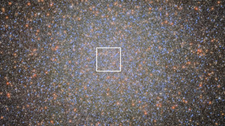 Der Kugelsternhaufen Alpha Centauri und die Stelle, wo das Schwarze Loch wohl befindet.