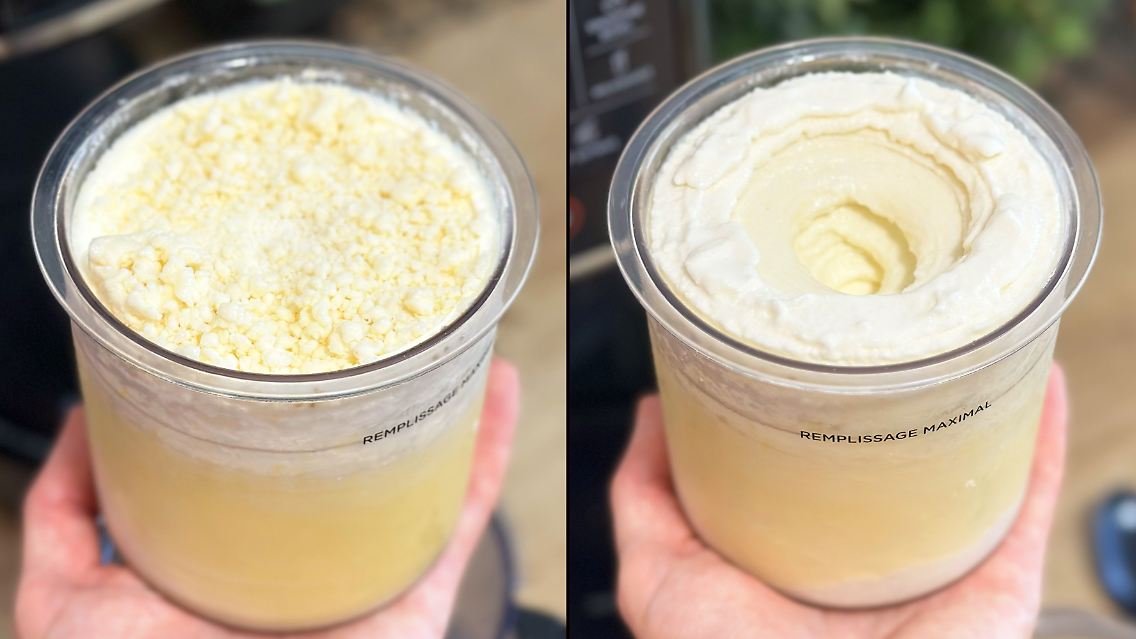 Nach dem ersten Durchlauf ist das Eis noch krümelig, nach der "Re-Spin"-Funktion und einem Schluck Mandelmilch ist es super cremig.