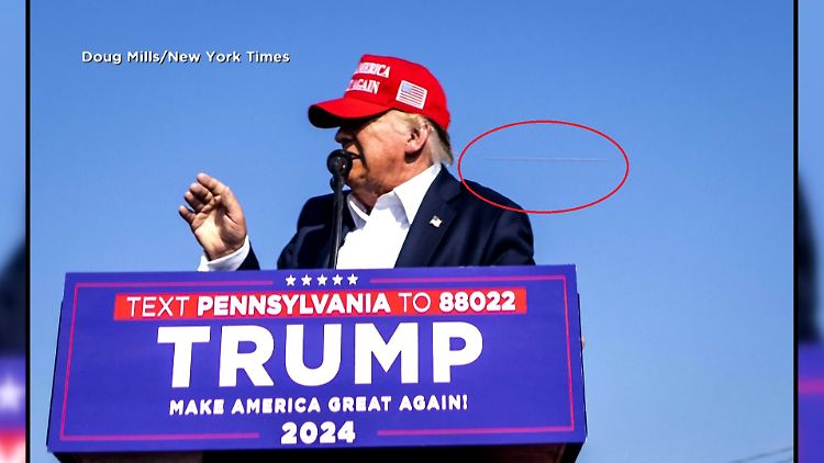Bei dem grauen Strich neben Trumps Kopf soll es sich laut einem Experten um die Luftverdrängung des Geschosses handeln.