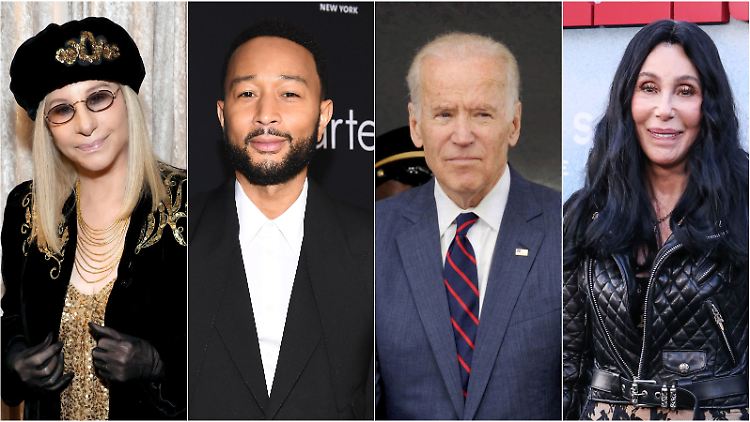 Barbra Streisand (l.), John Legend (2.v.l.)und Cher (r.) haben mit vielen anderen Stars auf den Rückzug von US-Präsident Joe Biden reagiert. 