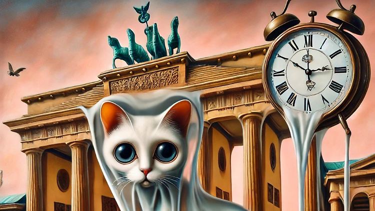 Das kommt dabei heraus, wenn man ChatGPT das Bild einer Katze, die vor dem Brandenburger Tor in Berlin sitzt, im Stil von Salvador Dalís "Beständigkeit der Erinnerung" erstellen lässt.