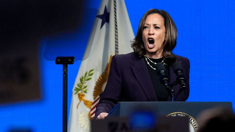 "Wir wollen Sturmgewehre verbieten und sie Bücher": Die designierte Präsidentschaftskandidatin Kamala Harris am Donnerstag beim nationalen Gewerkschaftsverband der Lehrer.
