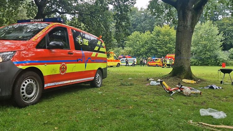 Einsatzfahrzeuge stehen nach einem Blitzeinschlag in einem Park. Zahlreiche Rettungskräfte müssen eine verletzte Familie versorgen.