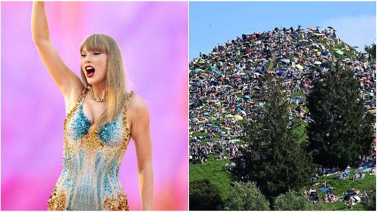 Taylor Swift begrüßt in München auch die Zaungäste auf dem Olympiaberg.