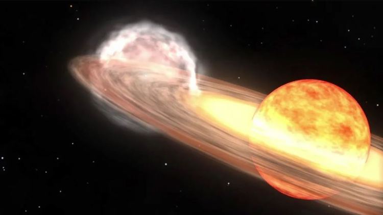 In der NASA-Animation umkreisen ein roter Riesenstern und ein Weißer Zwerg einander. So könnte es auch bei T Coronae Borealis aussehen. 