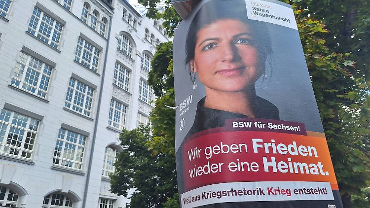 BSW-Wahlwerbung in Sachsen. Die Partei betont, dass sie im Fall von Regierungsbeteiligungen auf Länderebene auch außenpolitischen Einfluss nehmen will. 