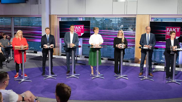 Die Spitzenkandidaten zur Sachsenwahl im MDR: Petra Köpping (SPD), Michael Kretschmer (CDU), Robert Malorny (FDP), Katja Meier (Bündnis90/Die Grünen), Susanne Schaper (Die Linke), Jörg Urban (AfD) und Sabine Zimmermann (BSW).