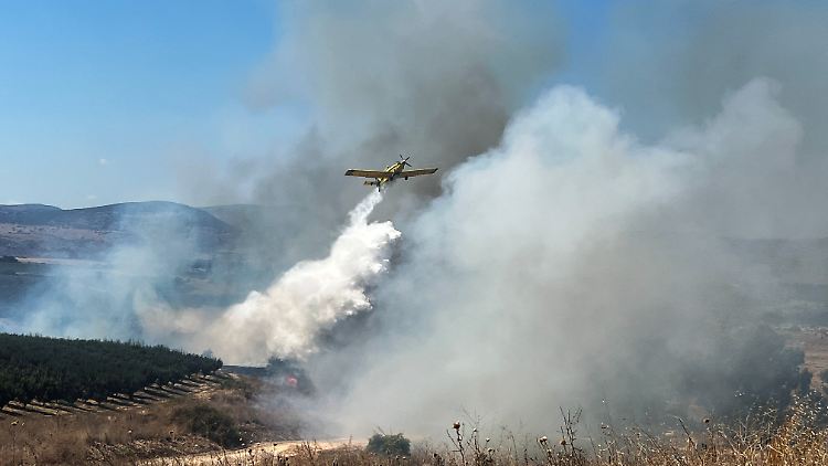 Ein Löschflugzeug ist im Grenzgebiet im Einsatz. Nach Raketenbeschuss aus dem Libanon kommt es im Norden Israels immer wieder zu Buschbränden. 