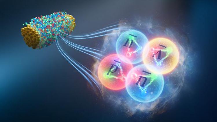Grafik der Entstehung von Antihyperwasserstoff-4 bei einer Kollision von Atomkernen.