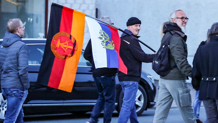 Teilnehmer einer AfD-Demonstration mit den Flaggen der DDR und der Russischen Föderation. (Archivbild)