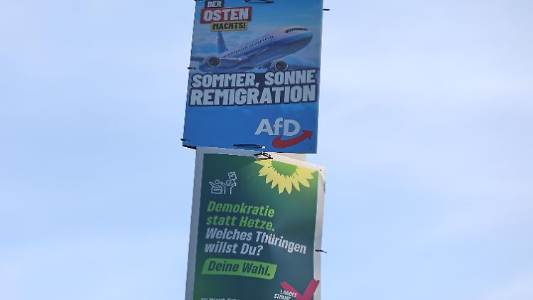 Wahlplakate in Thüringen: Laut Umfragen könnte die AfD bei der bevorstehenden Landtagswahl stärkste Kraft werden. 