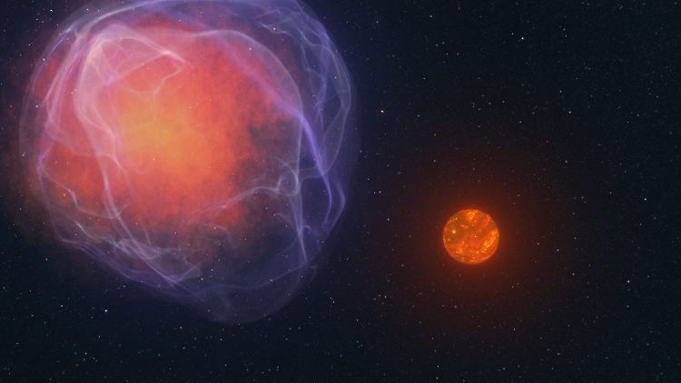 Die Computergrafik zeigt den möglichen Ursprung von CWISE J1249 (r.): ein Doppelstern-System mit einem Weißen Zwerg (l.).