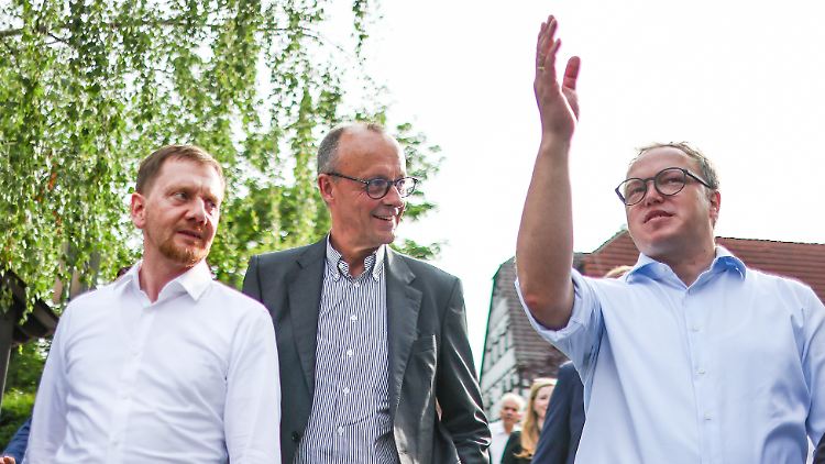 "In schwierigem Umfeld behauptet": CDU-Chef Merz beim Wahlkampf in Thüringen und Sachsen.  