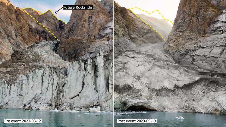 Der Dickson-Fjord in Grönland: Wie auf der rechten Aufnahme zu sehen, ist dort ein ganzer Berggipfel abgerutscht.