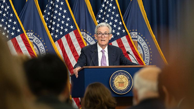 Der Fed-Vorsitzende Jerome Powell bei der Pressekonferenz zur Zinswende.