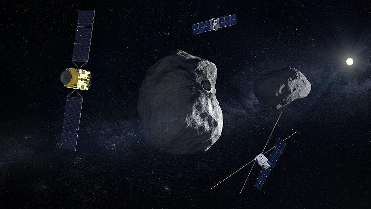 So könnte Mission "Hera" mit Raumsonde (l.) und begleitenden CubeSats (oben Milani und unten Juventas) am Doppel-Asteroiden Dimorphos/Didymos aussehen. 
