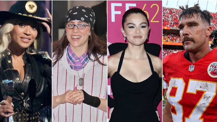 Ihre Mütter plaudern aus dem Nähkästchen: Beyoncé, Billie Eilish, Selena Gomez und Travis Kelce (v.l.n.r.)