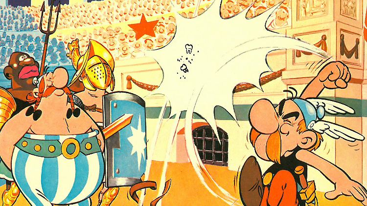 Verprügeln seit mittlerweile 65 Jahren Römer: Asterix und Obelix (v.l.) - hier auf dem Originalcover von "Asterix als Gladiator".