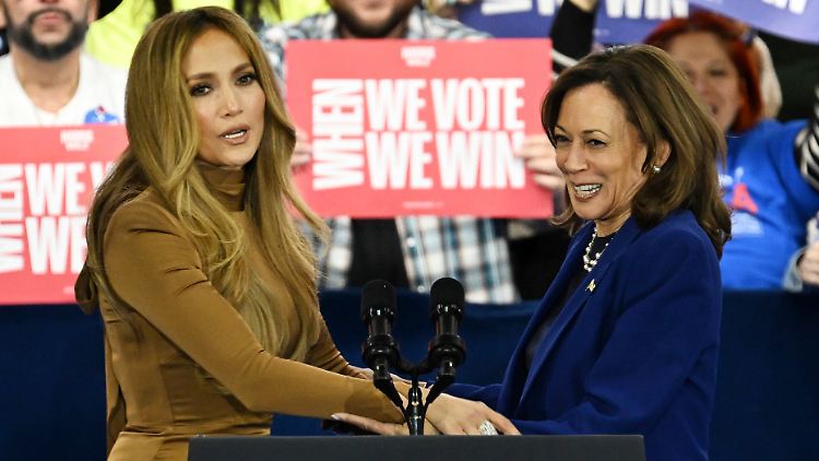 Jennfer Lopez (l.) erhebt ihre Stimme für Kamala Harris
