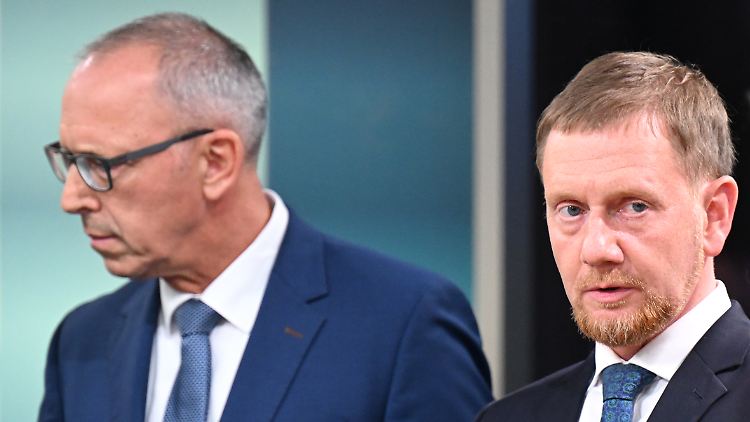 Kretschmer und Urban am Abend der Landtagswahl in Sachsen.