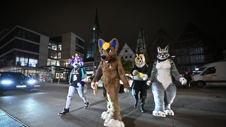 In flauschigen Kostümen ziehen die Furrys in der Ulmer Innenstadt durch die Nacht.
